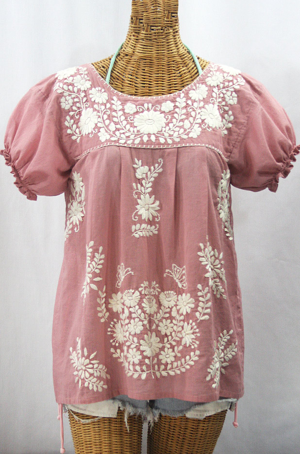 "La Mariposa Corta de Color" Embroidered Mexican Blouse - Dusty Light Pink + Cream