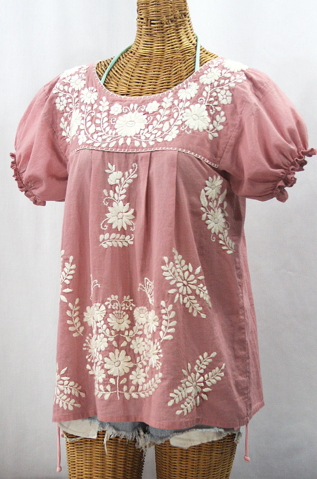 "La Mariposa Corta de Color" Embroidered Mexican Blouse - Dusty Light Pink + Cream