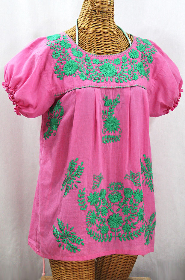 "La Mariposa Corta de Color" Embroidered Mexican Blouse - Bubblegum Pink + Mint