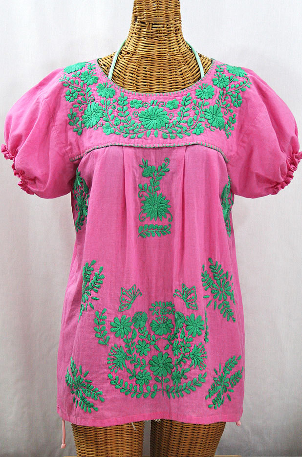 "La Mariposa Corta de Color" Embroidered Mexican Blouse - Bubblegum Pink + Mint