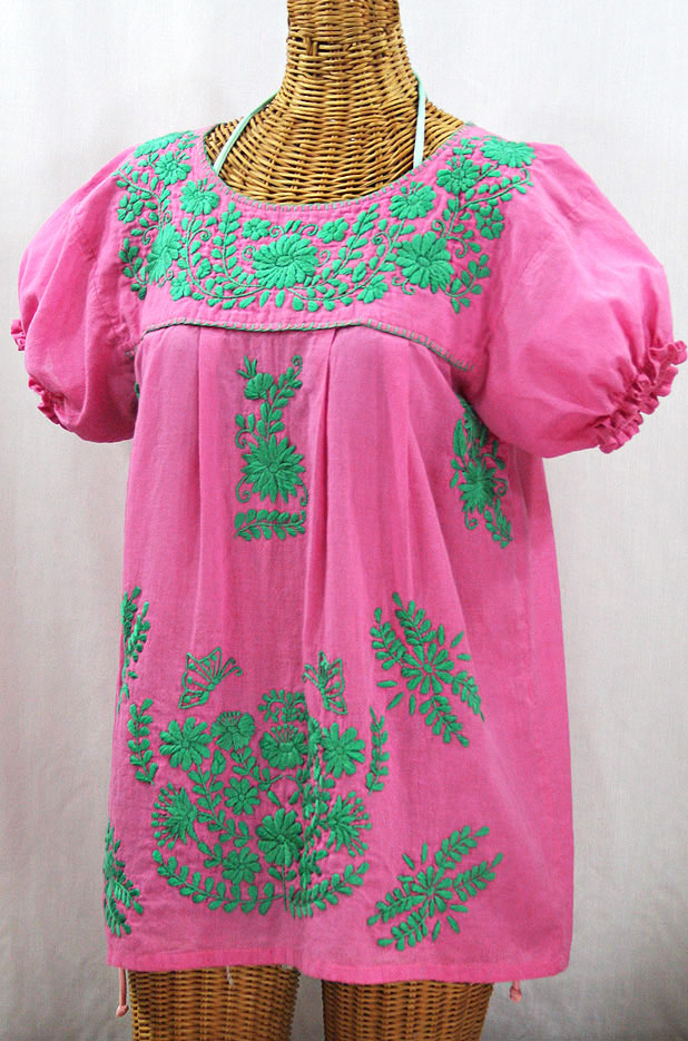 FINAL SALE -- "La Mariposa Corta de Color" Embroidered Mexican Blouse - Bubblegum Pink + Mint