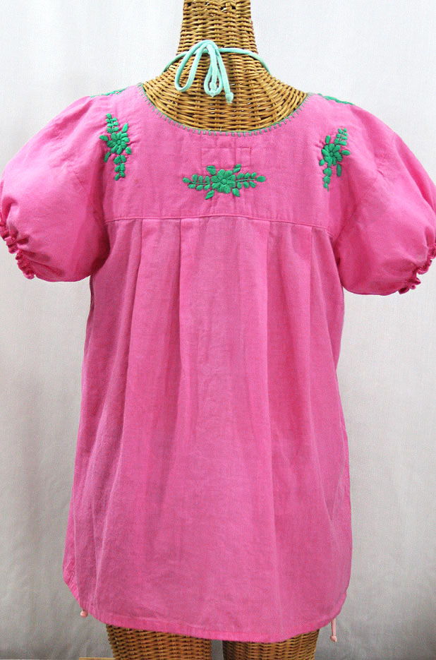FINAL SALE -- "La Mariposa Corta de Color" Embroidered Mexican Blouse - Bubblegum Pink + Mint