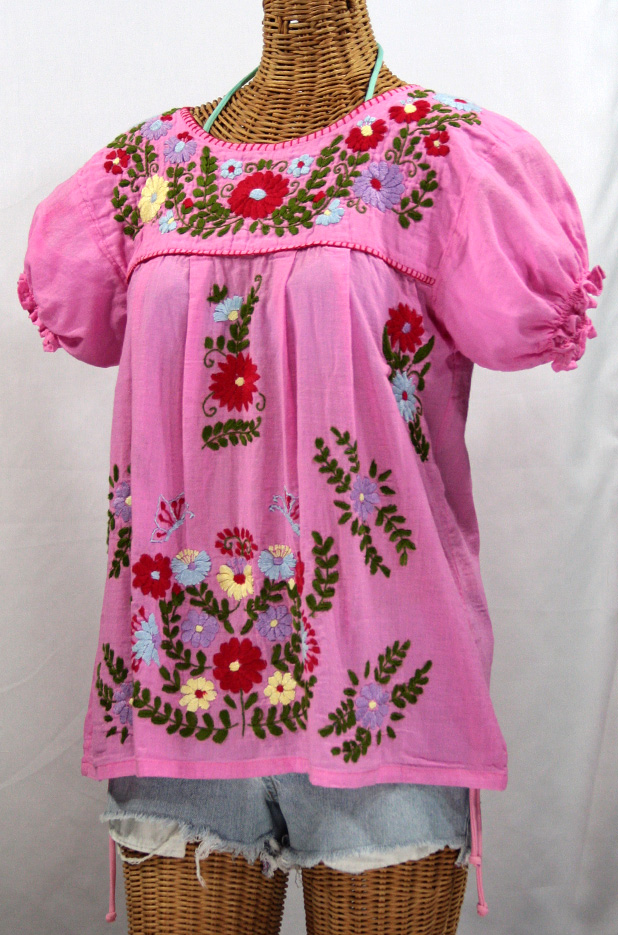 FINAL SALE -- "La Mariposa Corta de Color" Embroidered Mexican Style Peasant Top - Bubblegum