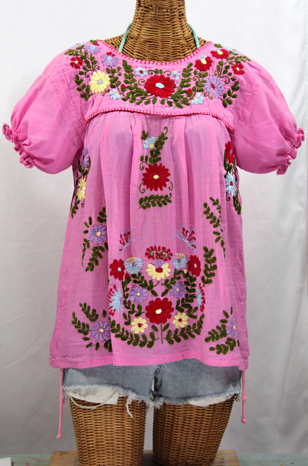 "La Mariposa Corta de Color" Embroidered Mexican Style Peasant Top - Bubblegum