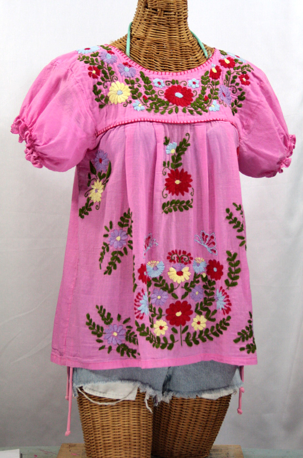 "La Mariposa Corta de Color" Embroidered Mexican Style Peasant Top - Bubblegum