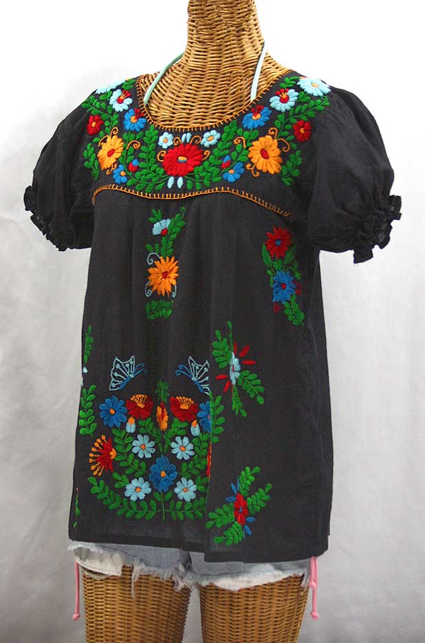 "La Mariposa Corta de Color" Embroidered Mexican Blouse - Charcoal Grey + Fiesta