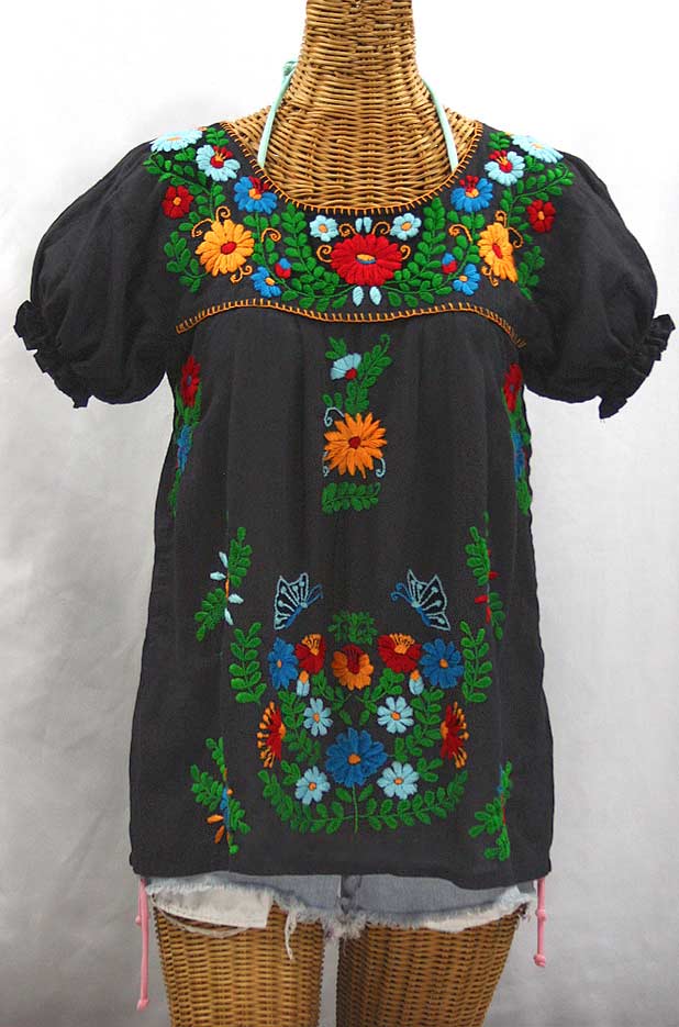 "La Mariposa Corta de Color" Embroidered Mexican Blouse - Charcoal Grey + Fiesta