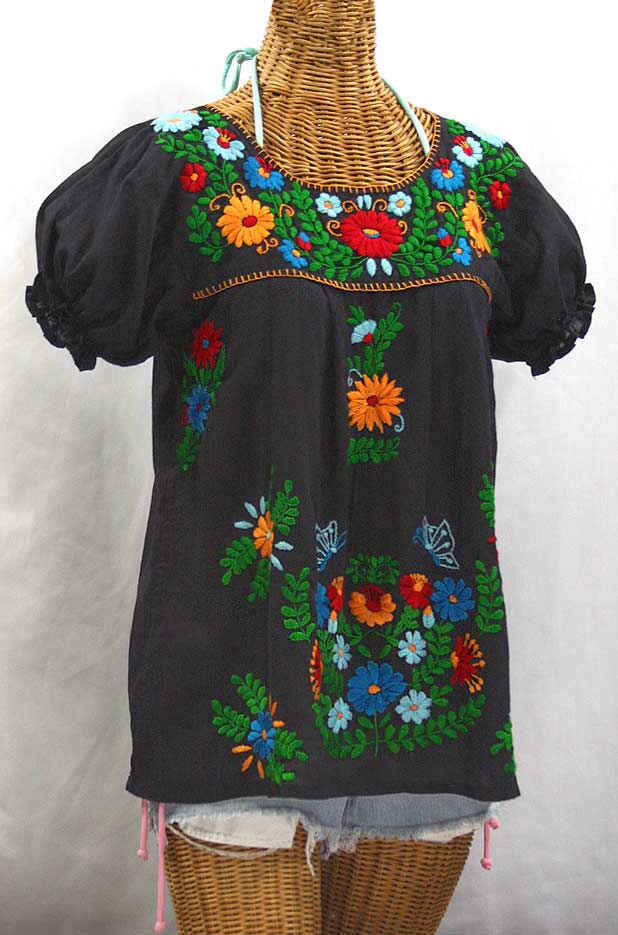 "La Mariposa Corta de Color" Embroidered Mexican Blouse - Charcoal Grey + Fiesta
