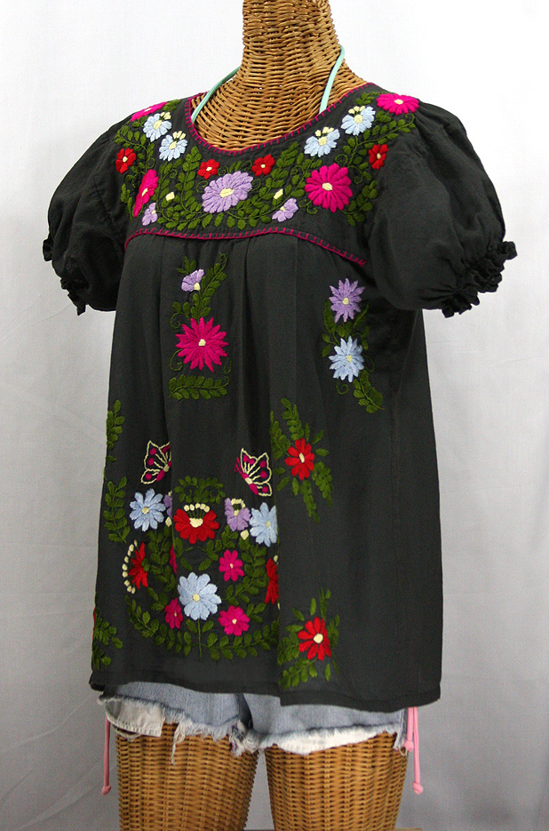 "La Mariposa Corta de Color" Embroidered Mexican Blouse - Charcoal Grey