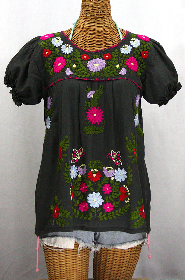 "La Mariposa Corta de Color" Embroidered Mexican Blouse - Charcoal Grey
