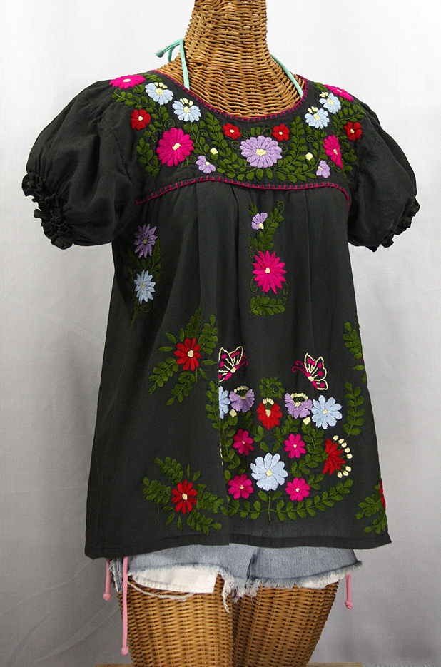"La Mariposa Corta de Color" Embroidered Mexican Blouse - Charcoal Grey