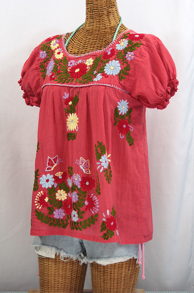 "La Mariposa Corta de Color" Embroidered Mexican Peasant Blouse - Coral