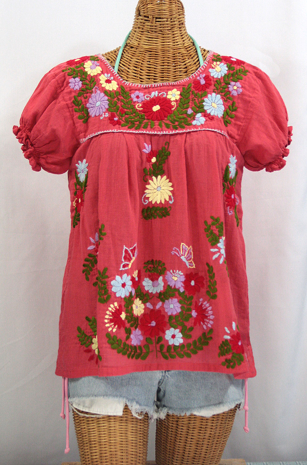 "La Mariposa Corta de Color" Embroidered Mexican Peasant Blouse - Coral