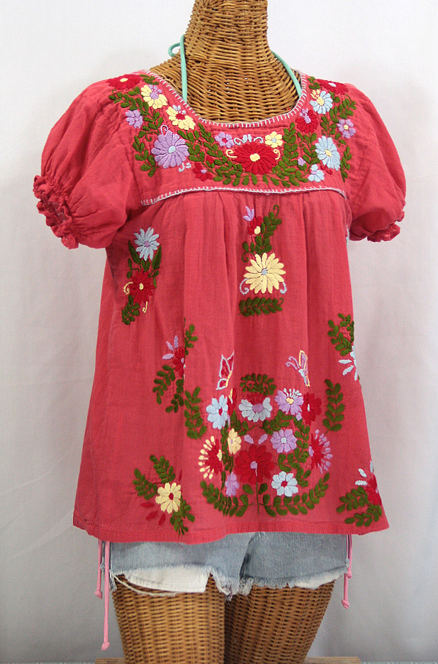 "La Mariposa Corta de Color" Embroidered Mexican Peasant Blouse - Coral