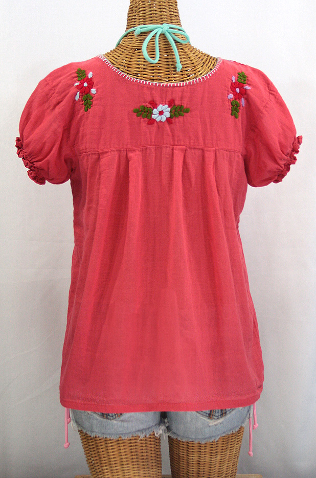 "La Mariposa Corta de Color" Embroidered Mexican Peasant Blouse - Coral