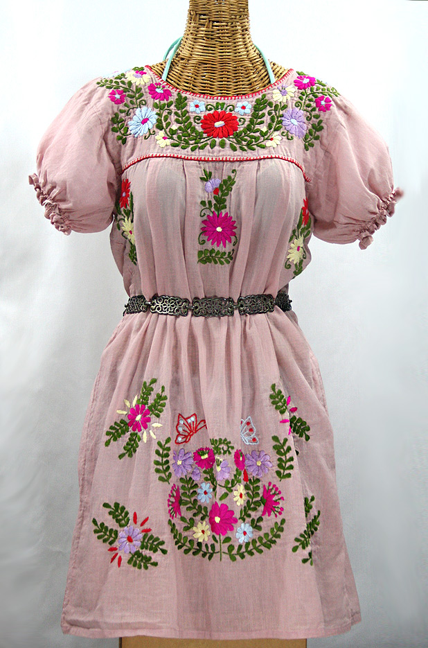 FINAL SALE --  "La Mariposa Corta" Embroidered Mexican Dress - Dusty Light Pink + Multi