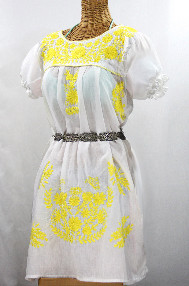 FINAL SALE -- "La Mariposa Corta" Embroidered Mexican Dress - White + Yellow