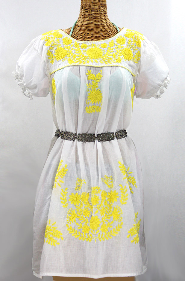 "La Mariposa Corta" Embroidered Mexican Dress - White + Yellow