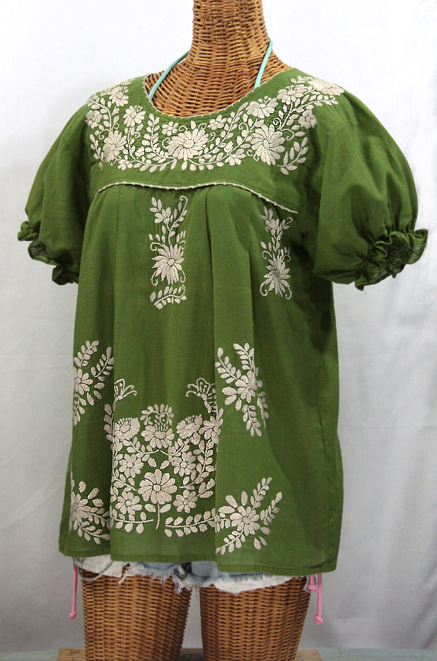 "La Mariposa Corta" Embroidered Mexican Style Peasant Top - Fern Green + Cream