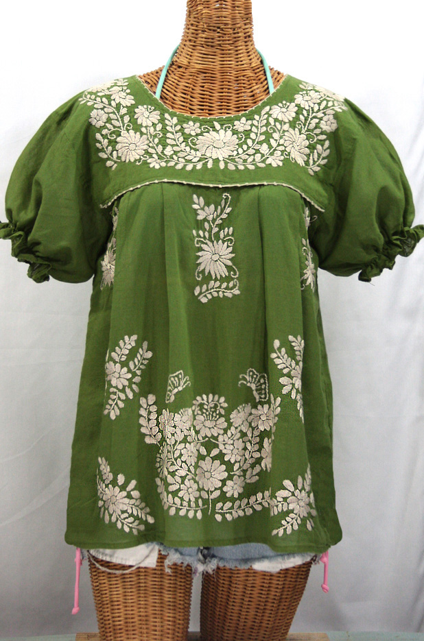 "La Mariposa Corta" Embroidered Mexican Style Peasant Top - Fern Green + Cream