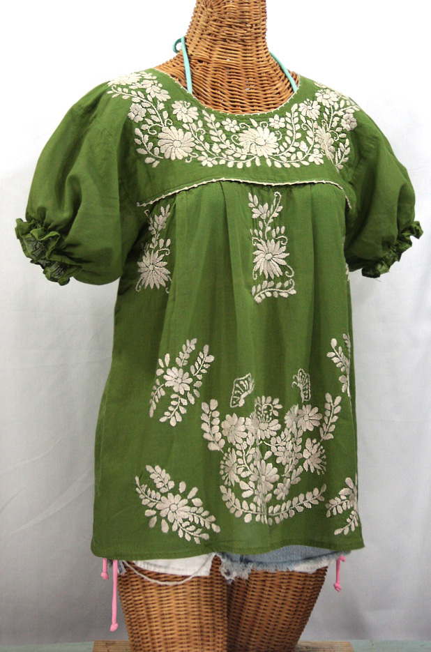 "La Mariposa Corta" Embroidered Mexican Style Peasant Top - Fern Green + Cream