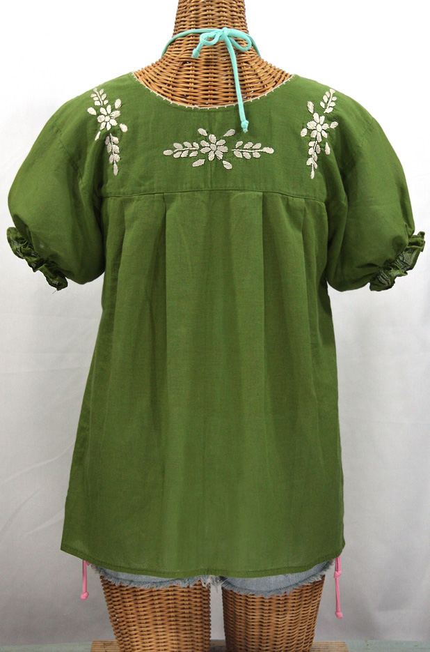 "La Mariposa Corta" Embroidered Mexican Style Peasant Top - Fern Green + Cream