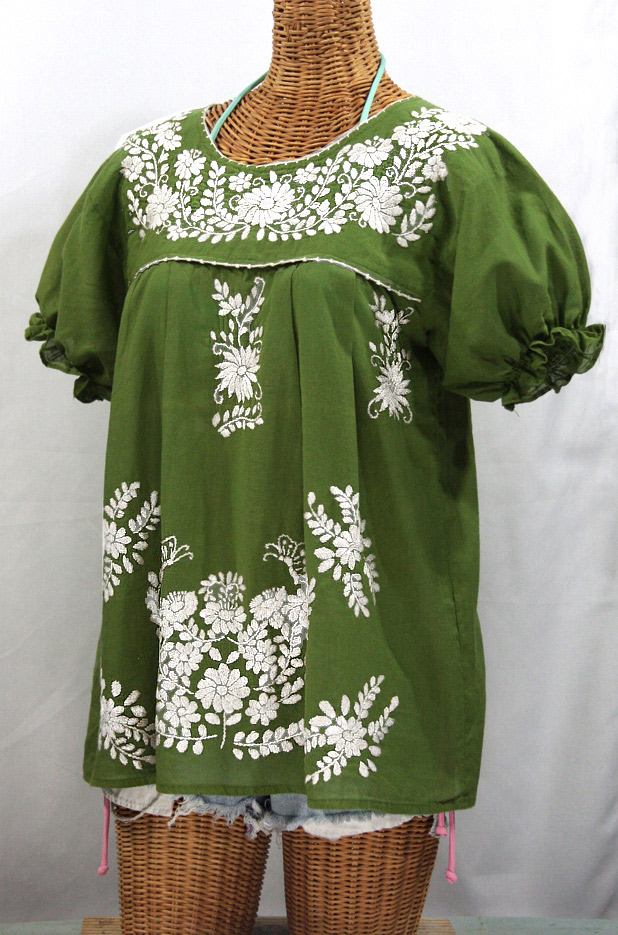 "La Mariposa Corta" Embroidered Mexican Style Peasant Top - Fern Green + White