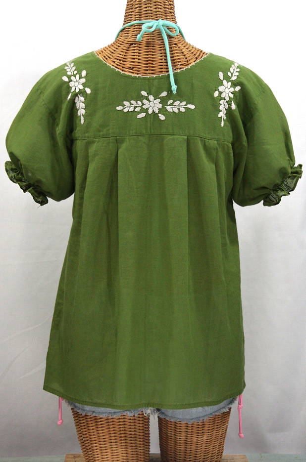 "La Mariposa Corta" Embroidered Mexican Style Peasant Top - Fern Green + White