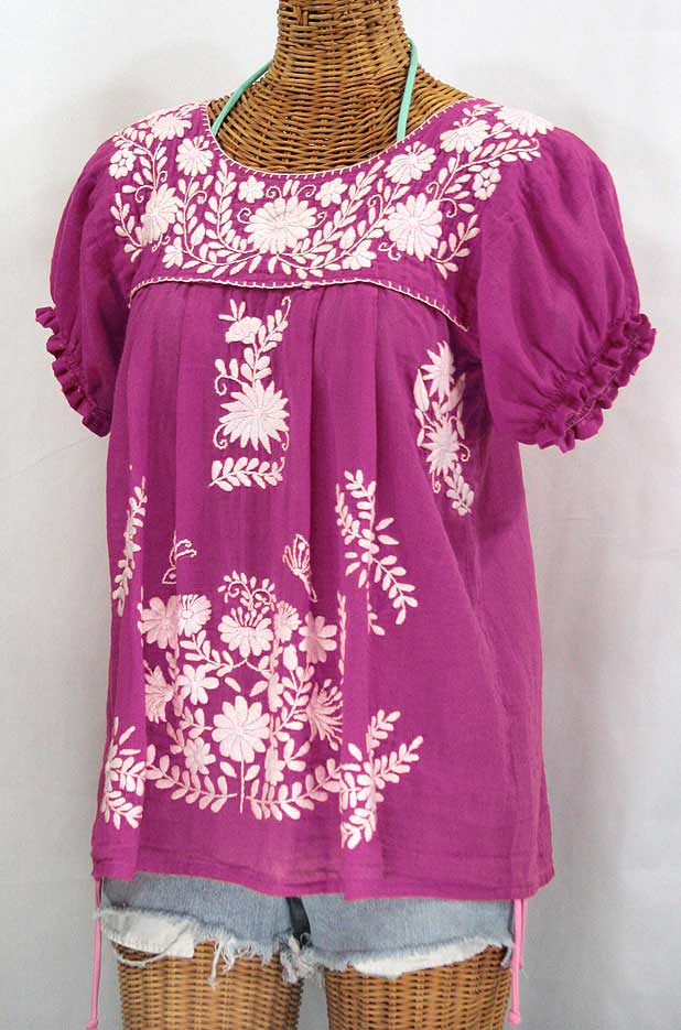 "La Mariposa Corta" Embroidered Mexican Style Peasant Top - Fuchsia Pink