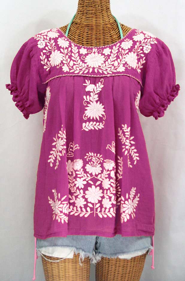 "La Mariposa Corta" Embroidered Mexican Style Peasant Top - Fuchsia Pink