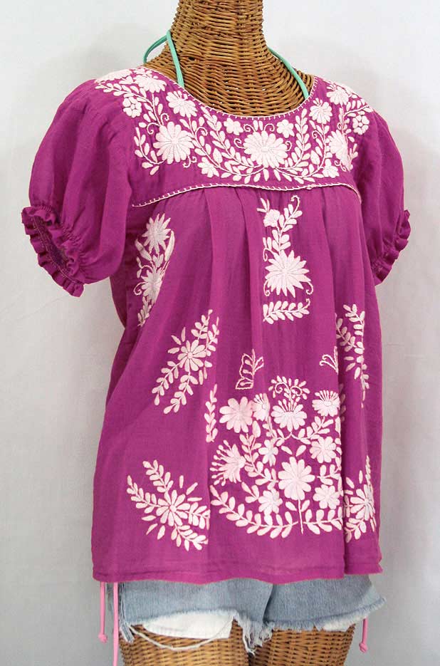 "La Mariposa Corta" Embroidered Mexican Style Peasant Top - Fuchsia Pink