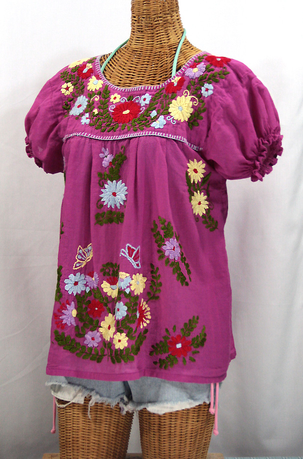 "La Mariposa Corta de Color" Embroidered Mexican Peasant Blouse - Fuchsia Pink