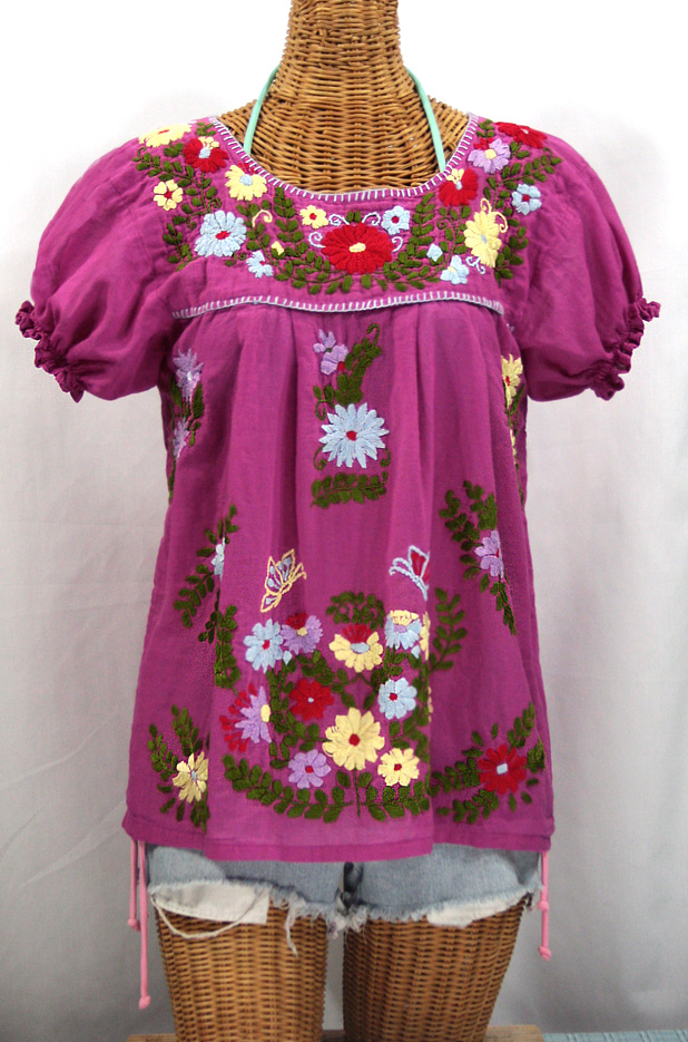 "La Mariposa Corta de Color" Embroidered Mexican Peasant Blouse - Fuchsia Pink