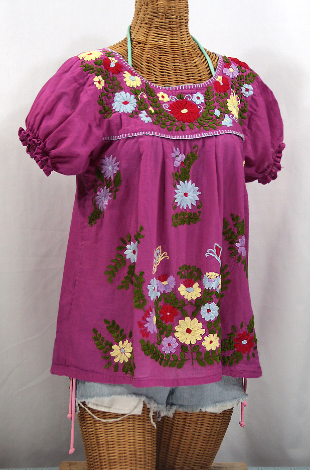 "La Mariposa Corta de Color" Embroidered Mexican Peasant Blouse - Fuchsia Pink