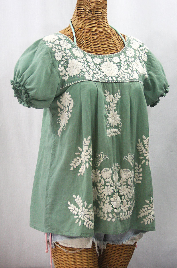 "La Mariposa Corta de Color" Embroidered Mexican Blouse - Sage Green + Cream