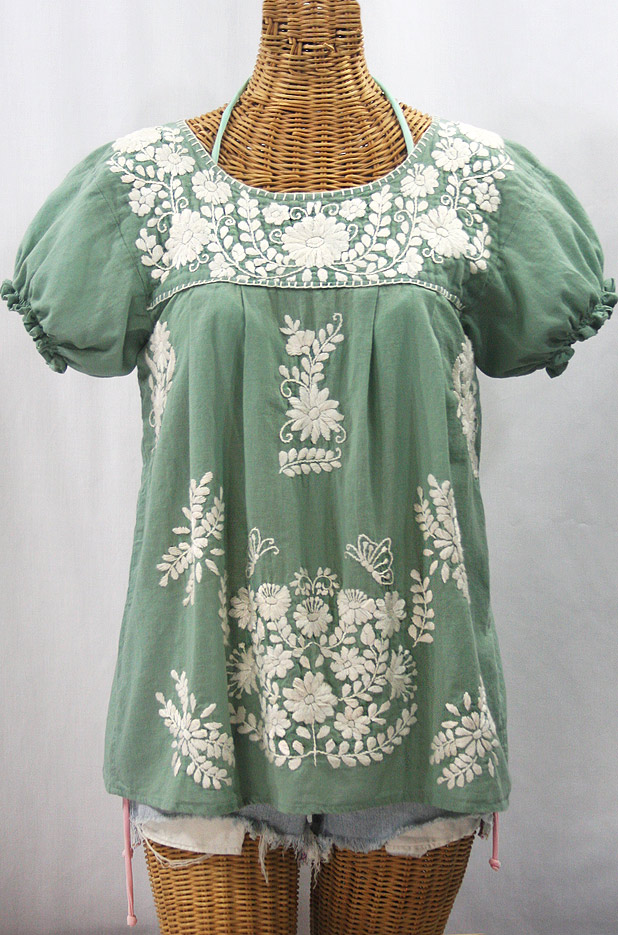 "La Mariposa Corta de Color" Embroidered Mexican Blouse - Sage Green + Cream