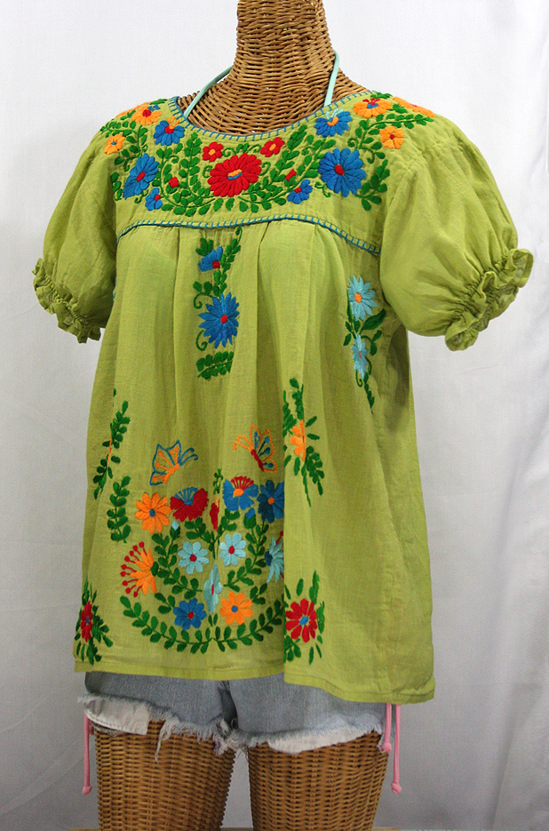 "La Mariposa Corta de Color" Embroidered Mexican Blouse - Moss Green + Fiesta