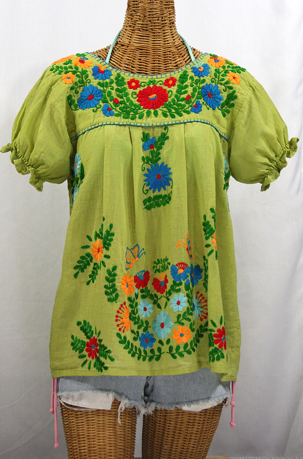 "La Mariposa Corta de Color" Embroidered Mexican Blouse - Moss Green + Fiesta