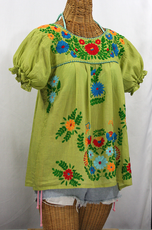 "La Mariposa Corta de Color" Embroidered Mexican Blouse - Moss Green + Fiesta