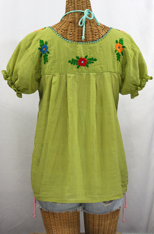 "La Mariposa Corta de Color" Embroidered Mexican Blouse - Moss Green + Fiesta