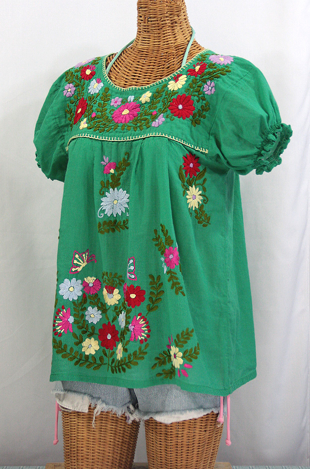 "La Mariposa Corta de Color" Embroidered Mexican Peasant Blouse - Green