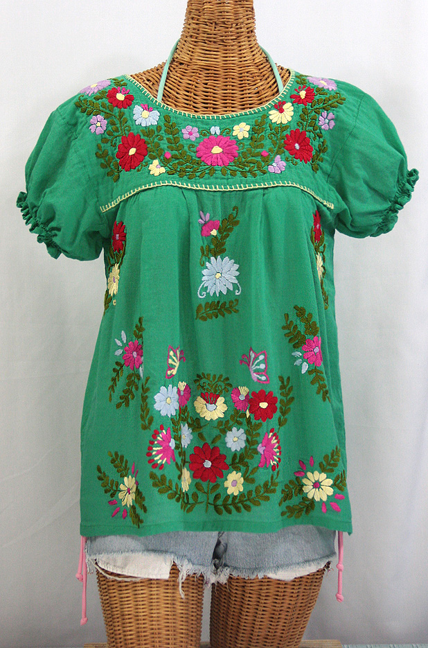 "La Mariposa Corta de Color" Embroidered Mexican Peasant Blouse - Green