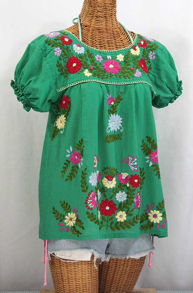 "La Mariposa Corta de Color" Embroidered Mexican Peasant Blouse - Green