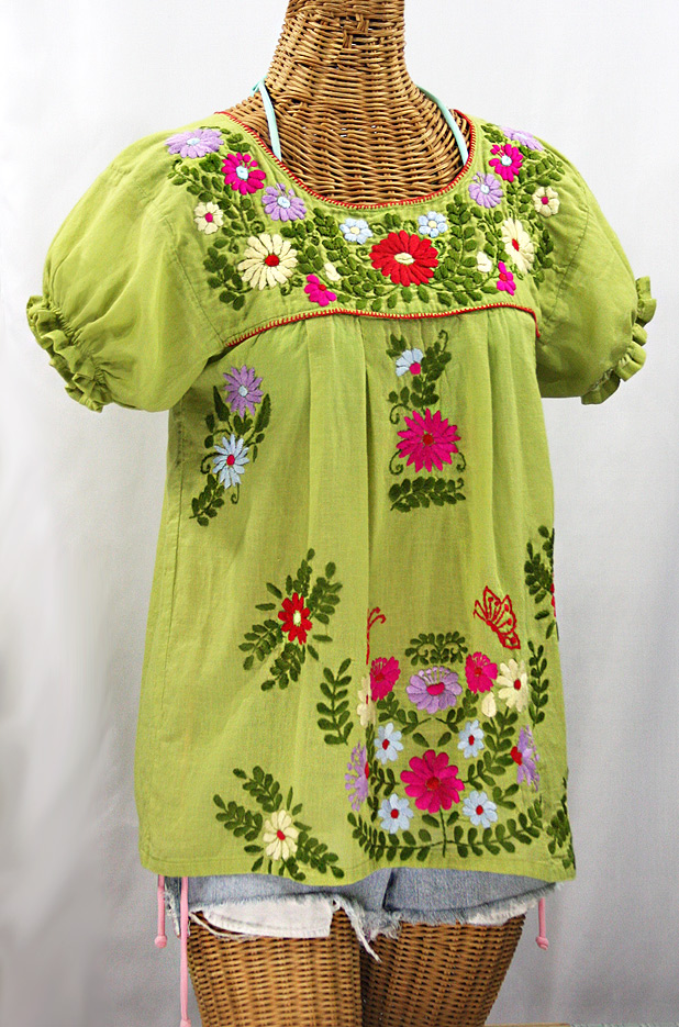 "La Mariposa Corta de Color" Embroidered Mexican Blouse - Moss Green + Multi