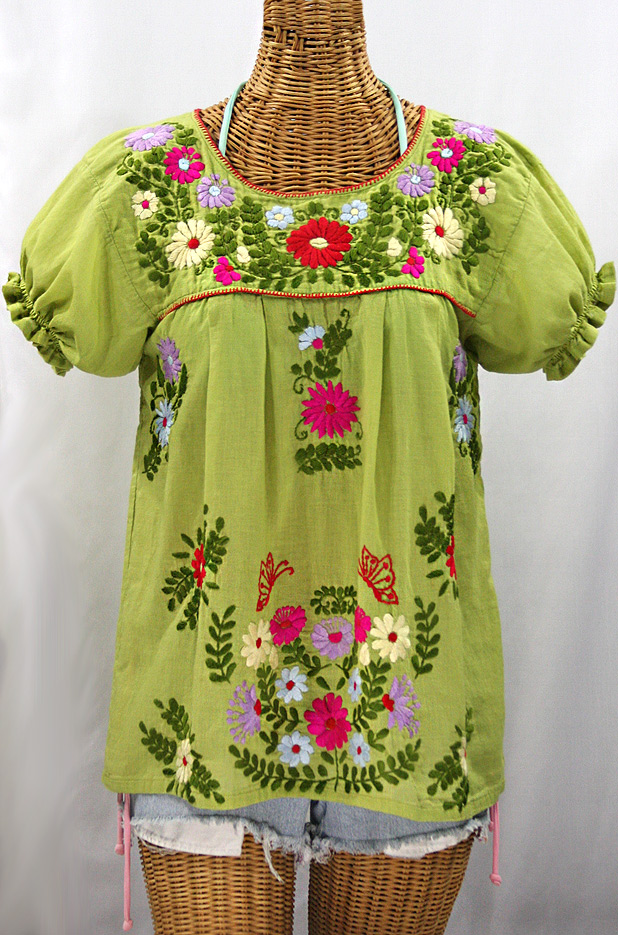 "La Mariposa Corta de Color" Embroidered Mexican Blouse - Moss Green + Multi