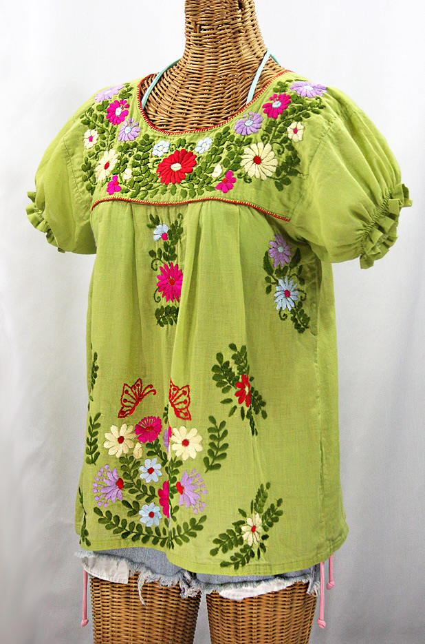 "La Mariposa Corta de Color" Embroidered Mexican Blouse - Moss Green + Multi