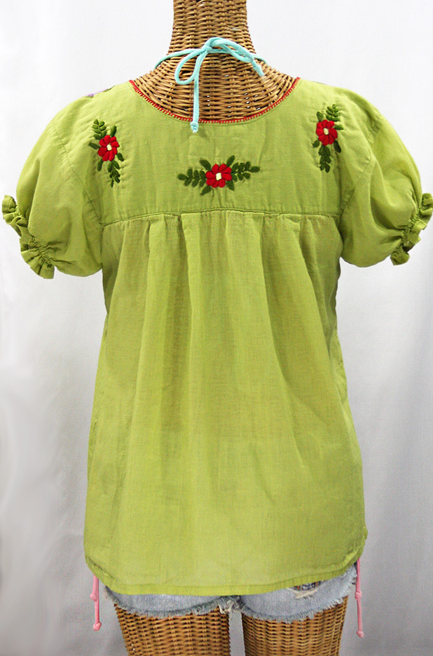 "La Mariposa Corta de Color" Embroidered Mexican Blouse - Moss Green + Multi