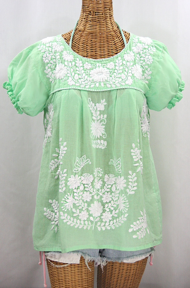 "La Mariposa Corta" Embroidered Mexican Style Peasant Top - Pale Green + White