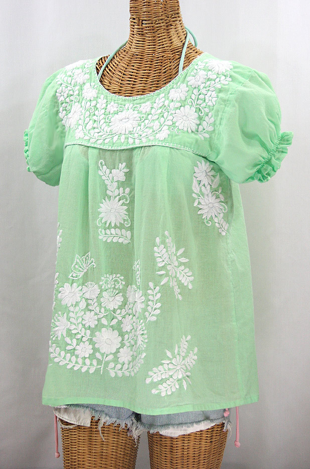 "La Mariposa Corta" Embroidered Mexican Style Peasant Top - Pale Green + White