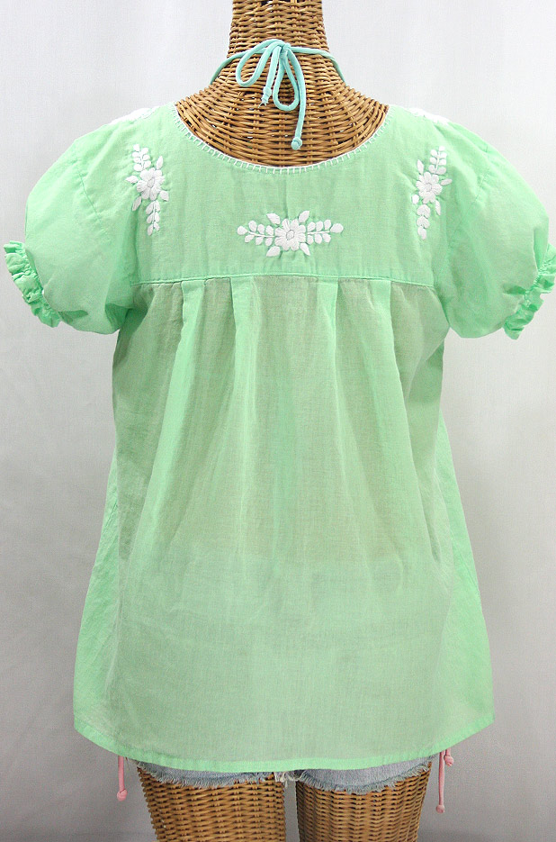 "La Mariposa Corta" Embroidered Mexican Style Peasant Top - Pale Green + White